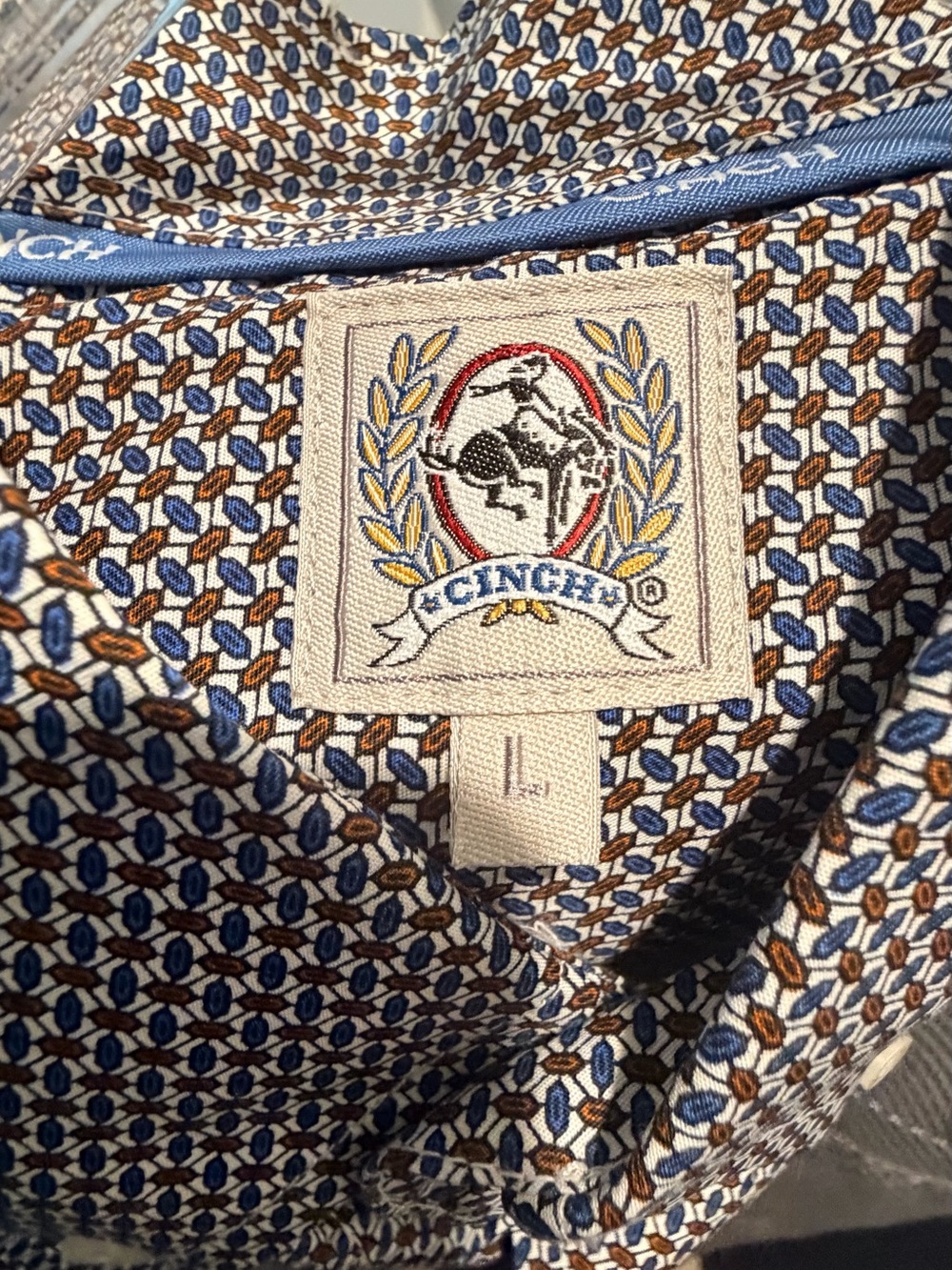 Cinch Blue Brown Geometric Western Button Down Shirt Size L